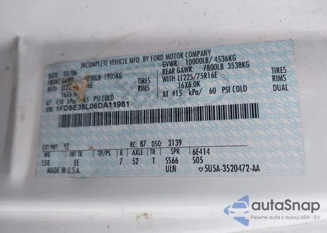 2006 Ford E-350 из США, поврежденный, VIN 1FDSE35L06DA11981